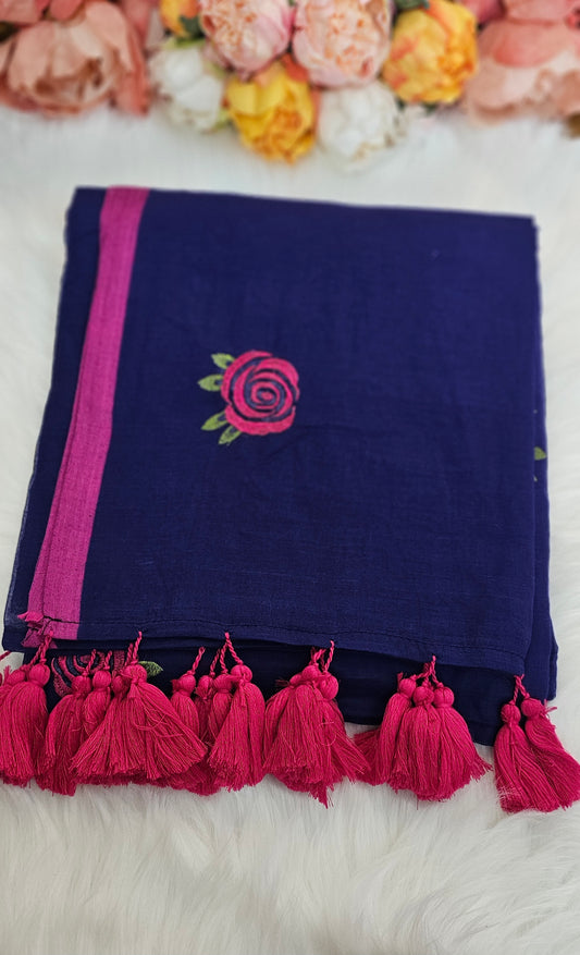 Fully rose embroidered  mulmul saree with tassels