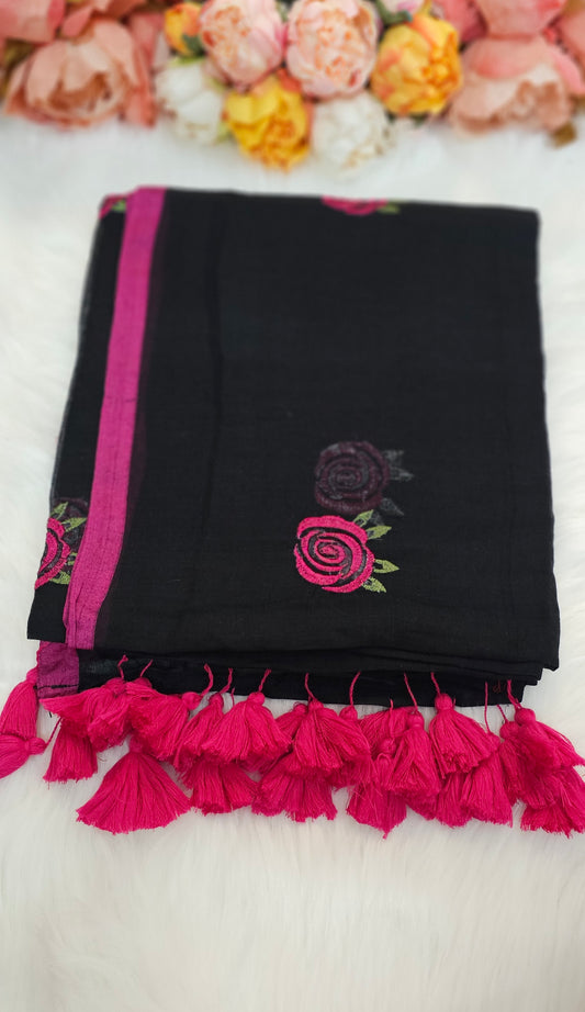 Fully rose embroidered  mulmul saree with tassels