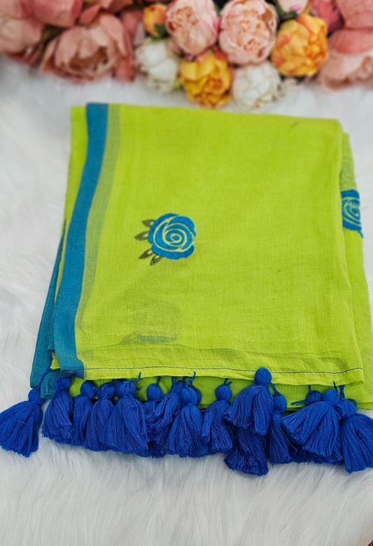 Fully rose embroidered  mulmul saree with tassels