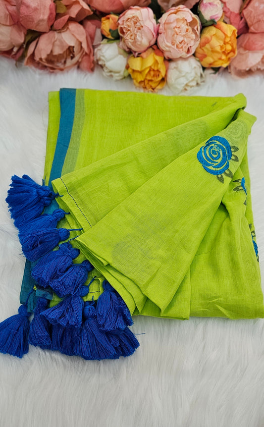 Fully rose embroidered  mulmul saree with tassels