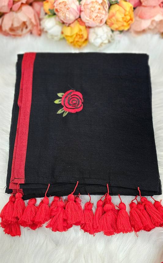 Fully rose embroidered  mulmul saree with tassels