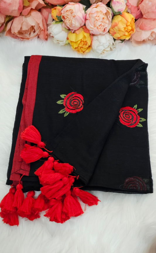 Fully rose embroidered  mulmul saree with tassels