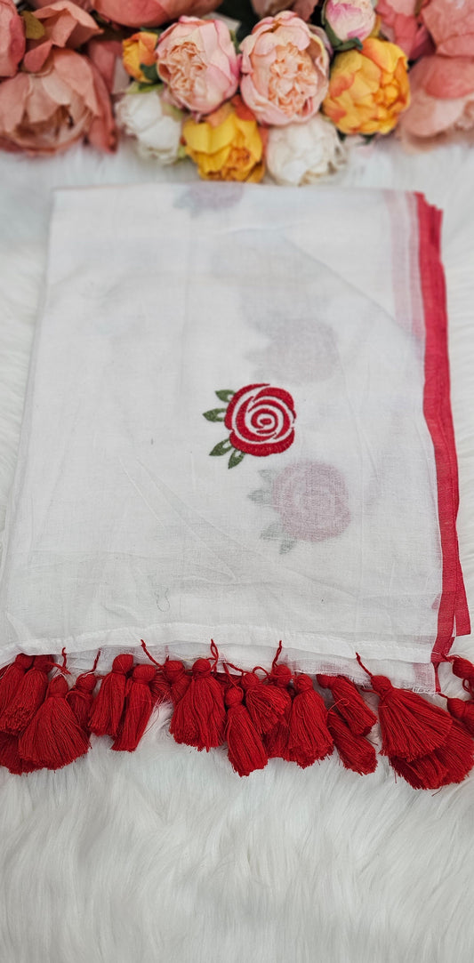 Fully rose embroidered  mulmul saree with tassels