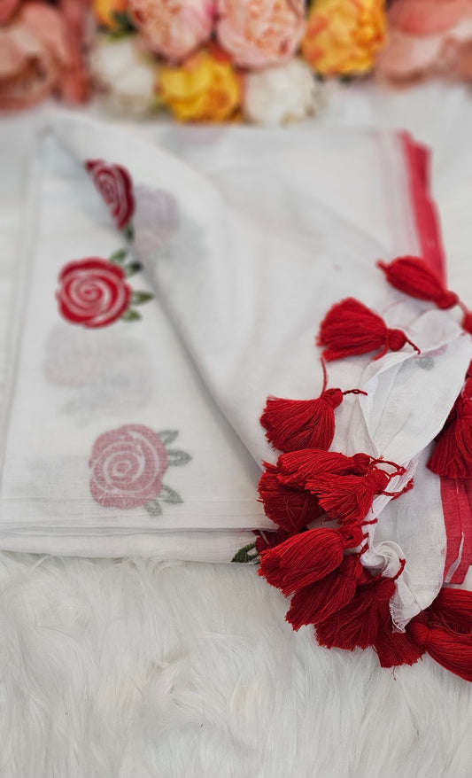 Fully rose embroidered  mulmul saree with tassels