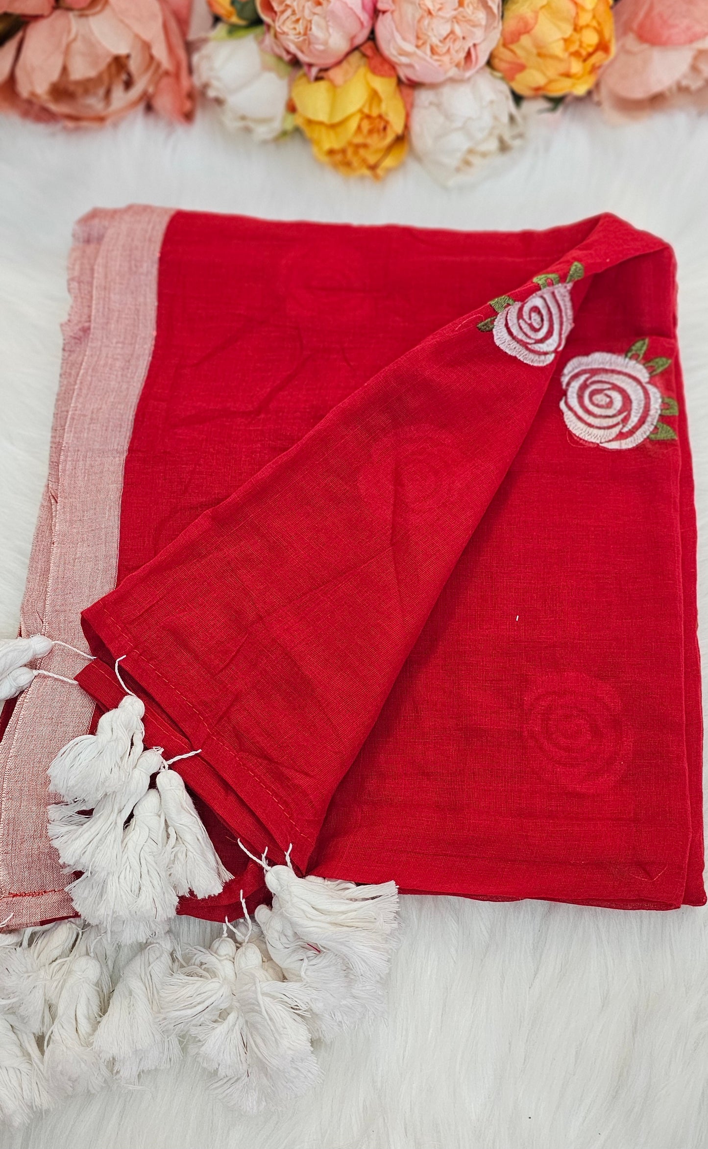 Fully rose embroidered  mulmul saree with tassels