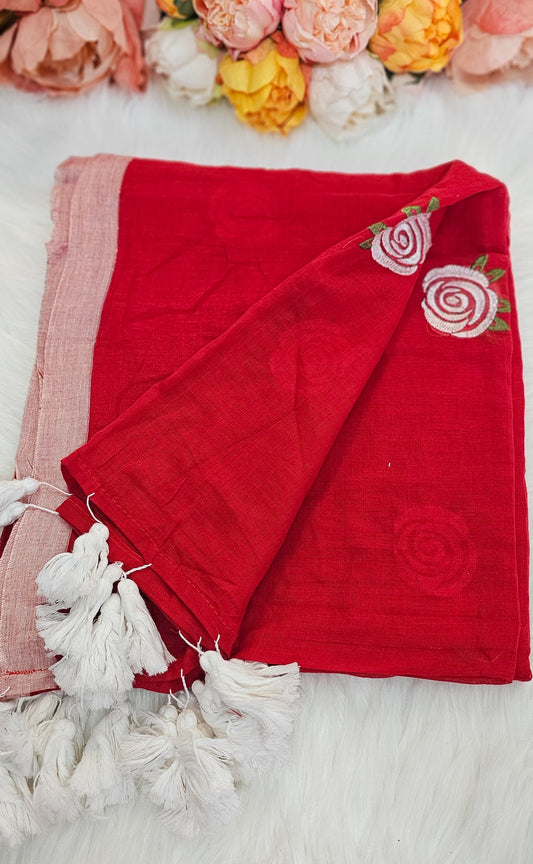 Fully rose embroidered  mulmul saree with tassels