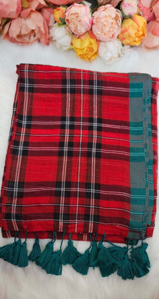 Beautiful Check mulmul saree with tassels