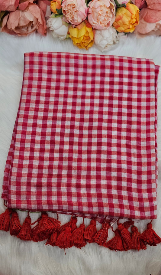 Beautiful Check mulmul saree with tassels