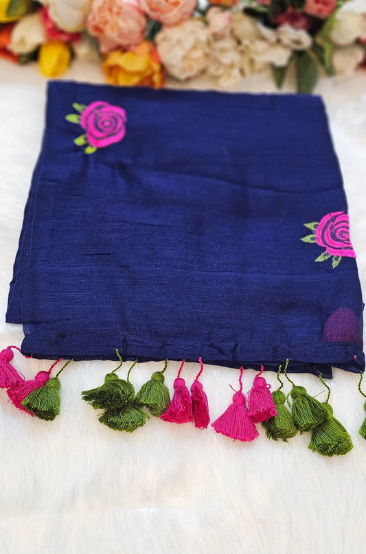 Rose embroidered  mul cotton saree