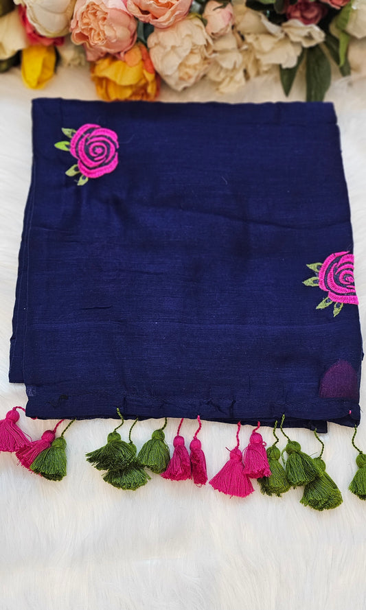Rose embroidered  mul cotton saree