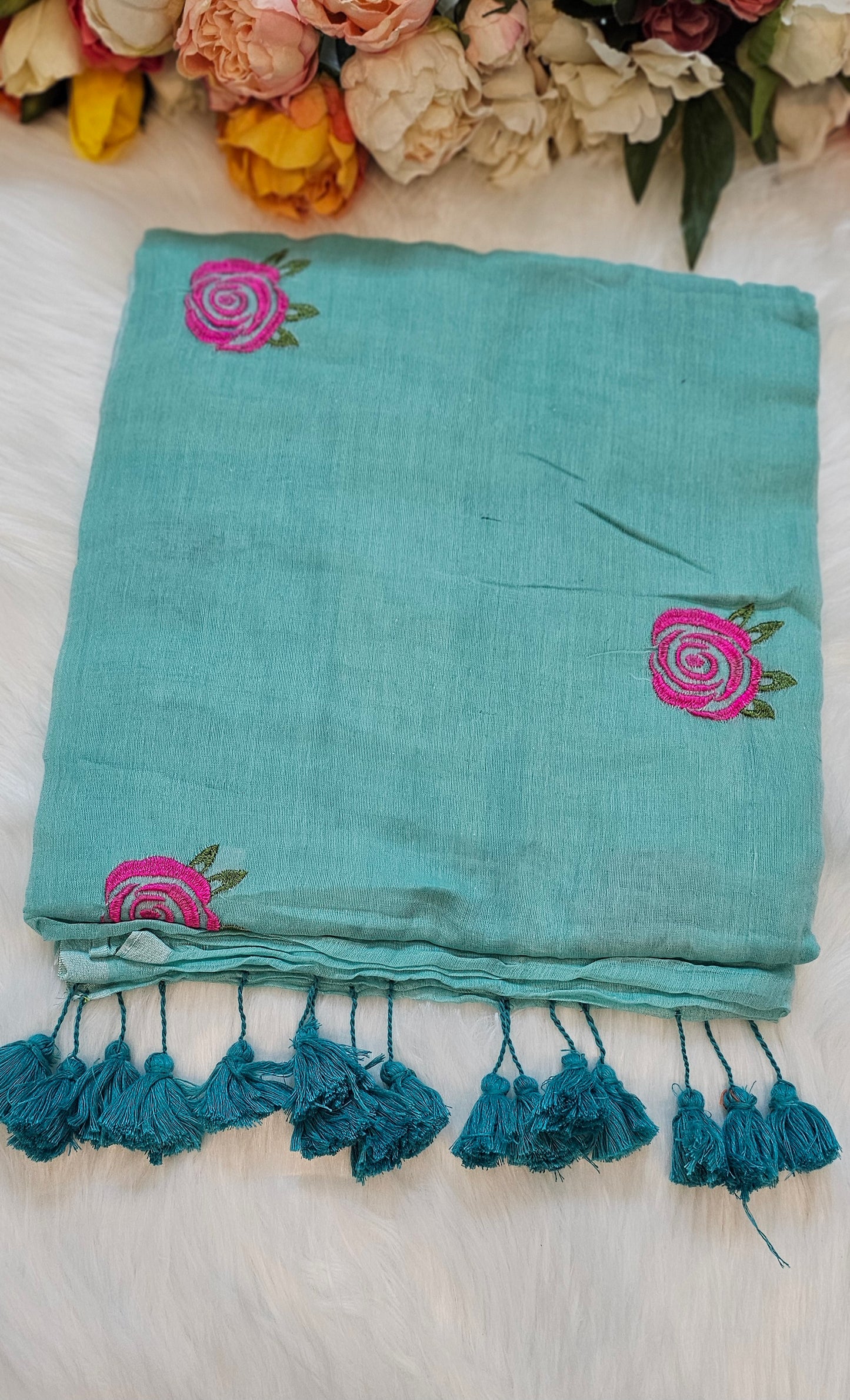 Rose embroidered Mul cotton saree