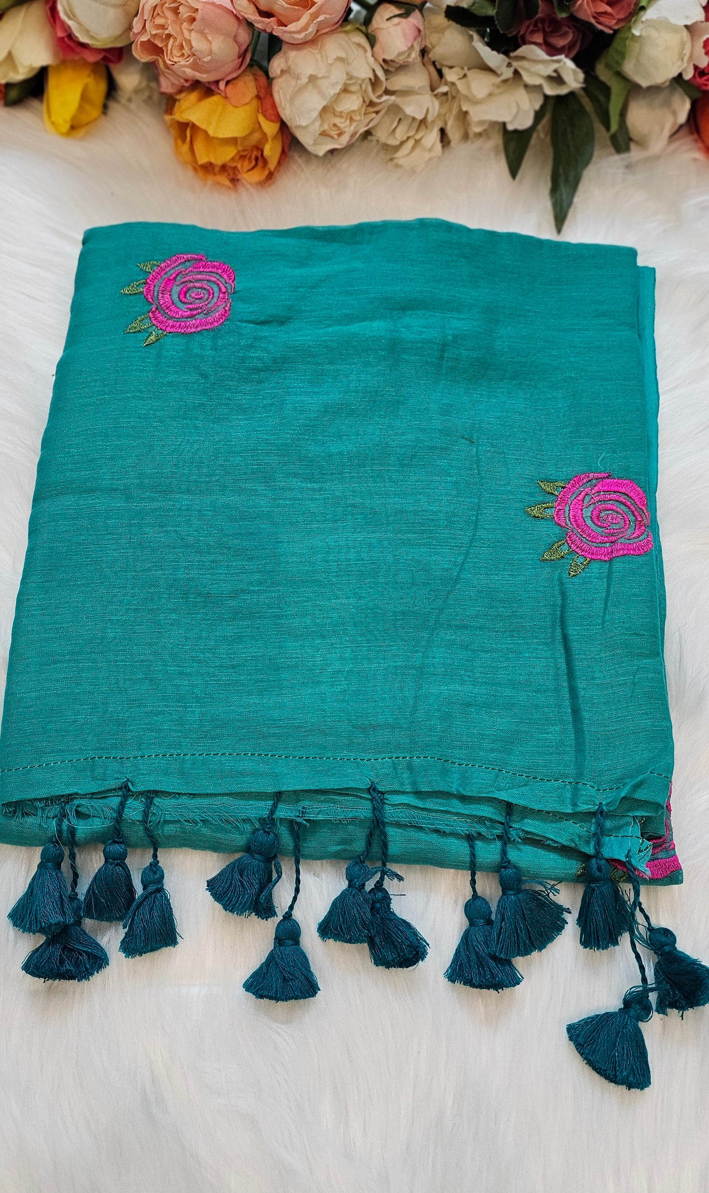 Rose embroidered mul cotton saree