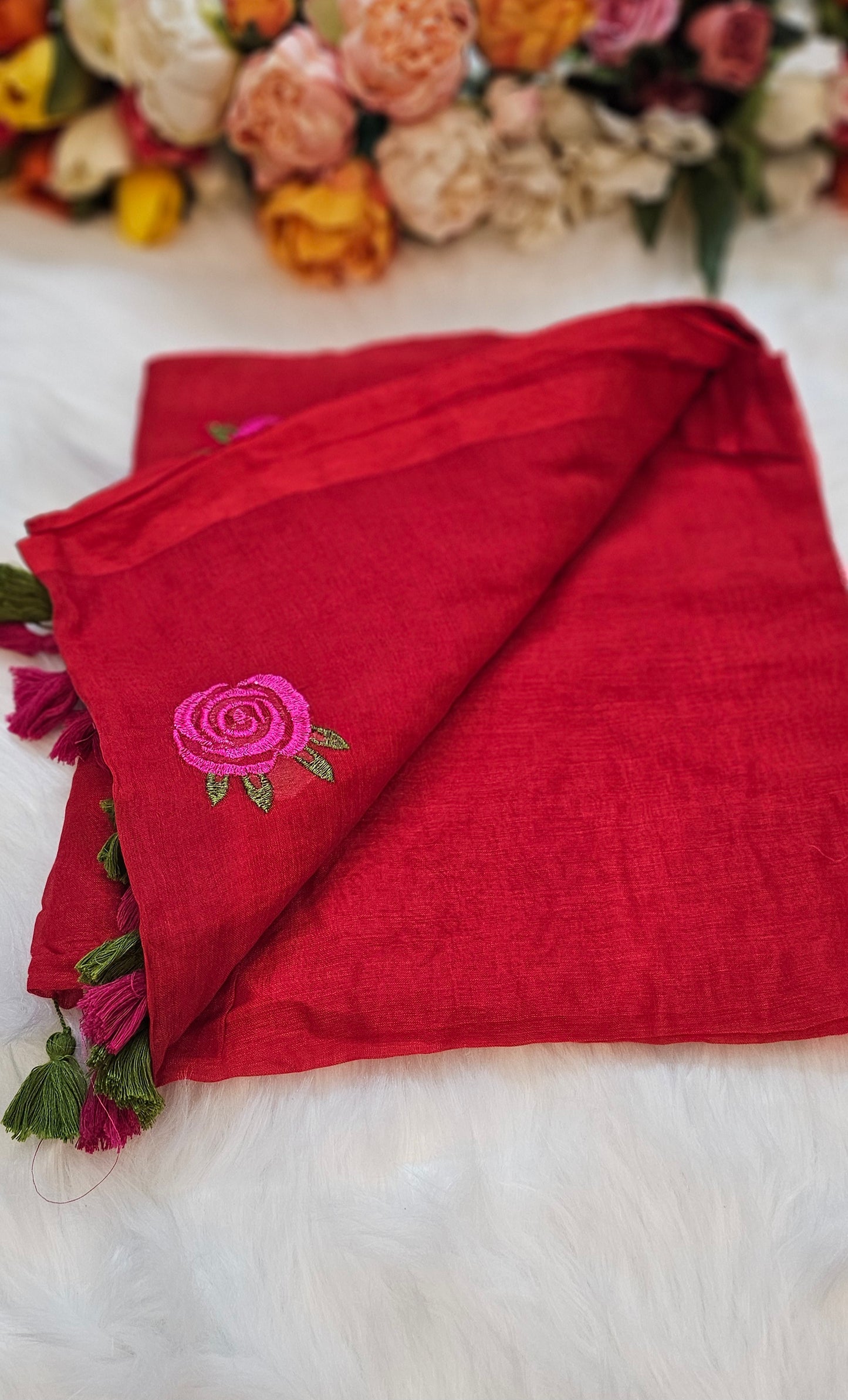 Rose embroidered mul cotton saree