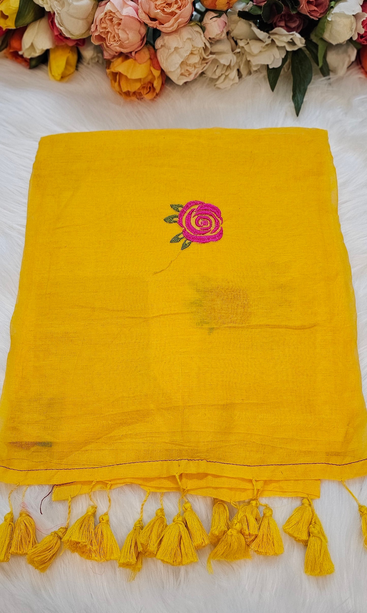 Rose embroidered mul cotton saree