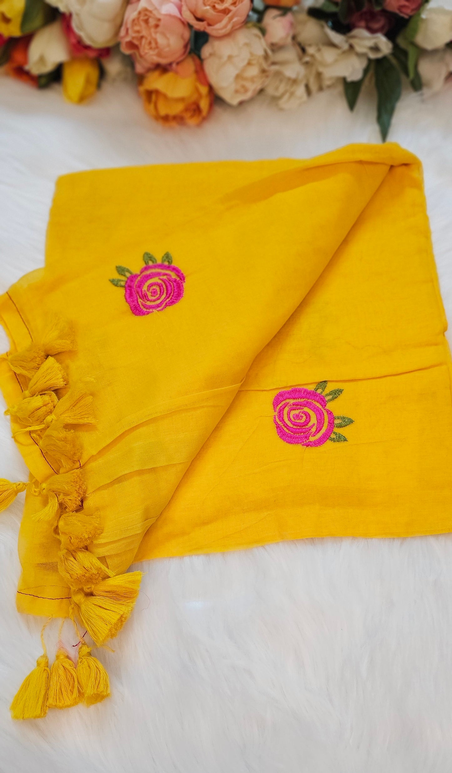Rose embroidered mul cotton saree