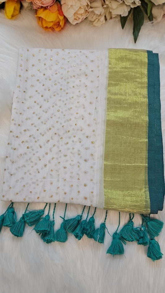 Beautiful  mulcotton saree with glitter polka dots