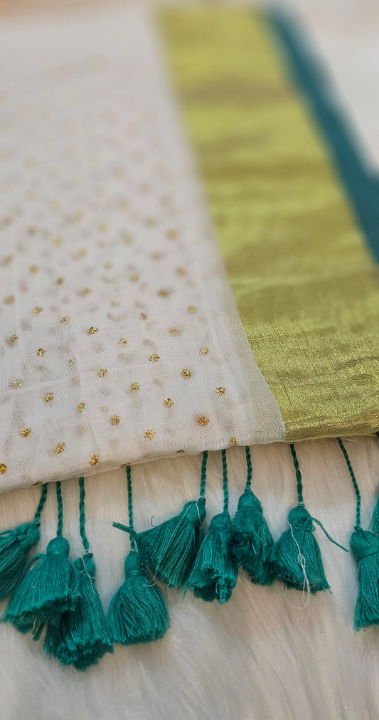 Beautiful  mulcotton saree with glitter polka dots