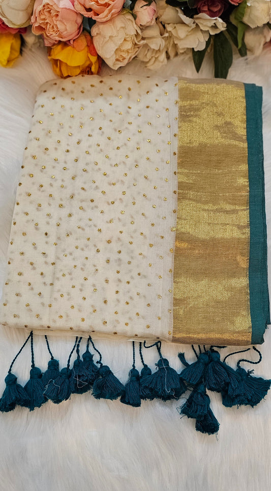 Beautiful  mulcotton saree with glitter polka dots