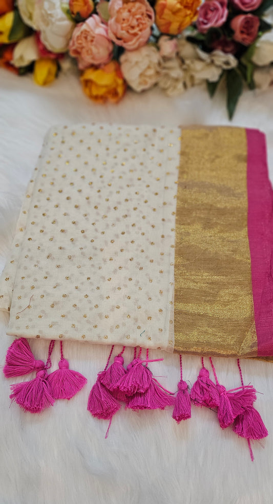 Beautiful  mulcotton saree with glitter polka dots