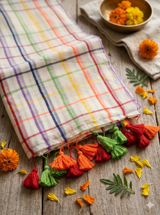 Beautiful Multicoloured mul cotton saree with tassels